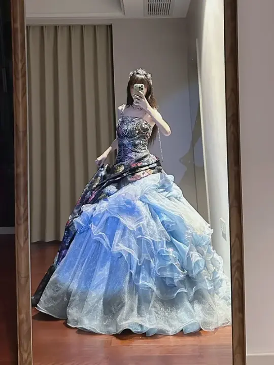 Black retro-style strapless, fitted waist ball gown with light blue tulle skirt R8634