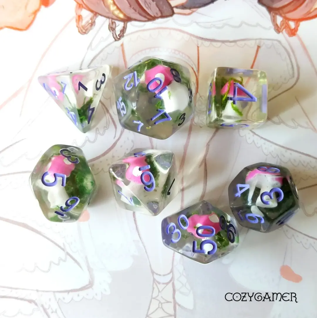 Pink Mushroom and Moss Dice Set