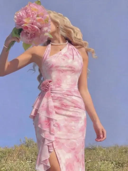 Soft Pink Prom Dress ,Sheath Halter Floral Chiffon Maxi Evening Dress RS914