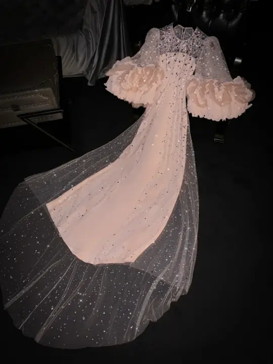 Light apricot round neck long sleeve fitted waist long ball gown, bridal dress R8761