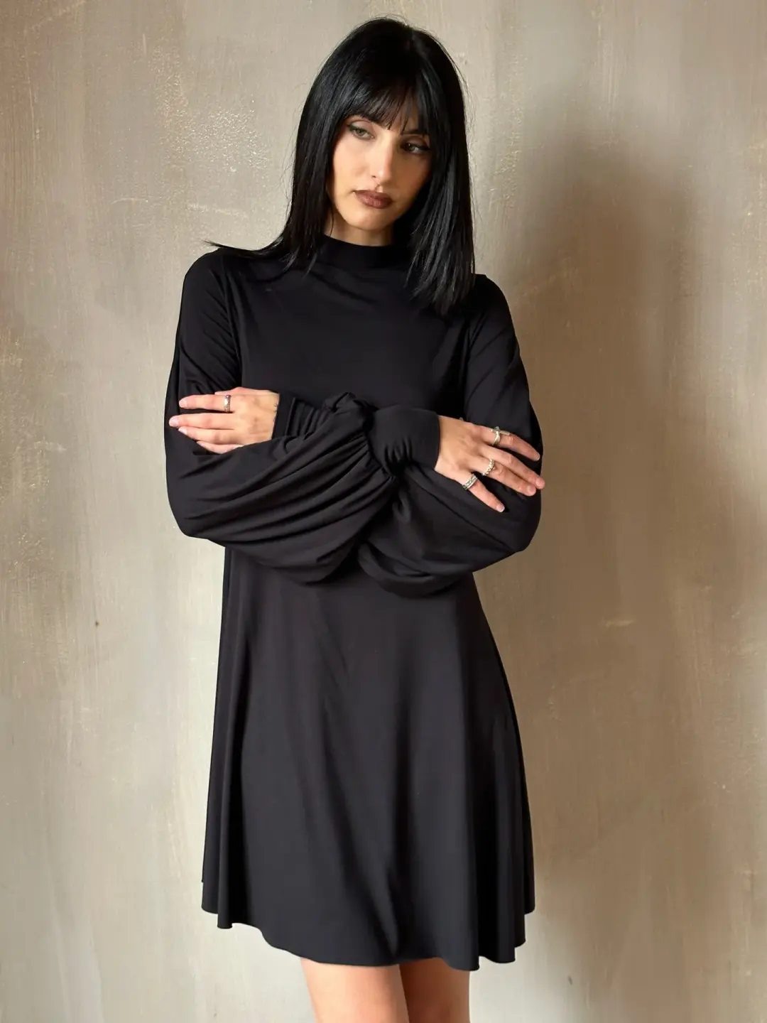 Bishop Sleeve Mini Dress in Black