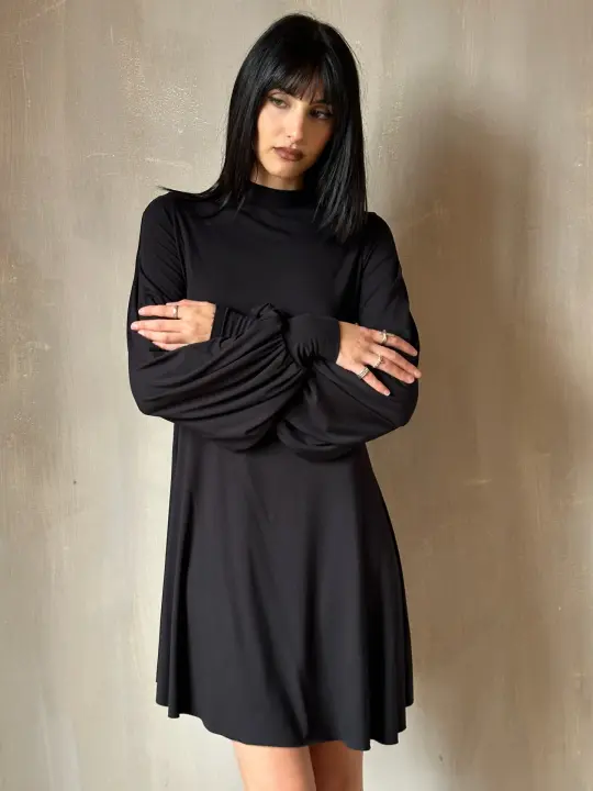 Bishop Sleeve Mini Dress in Black