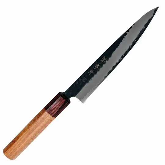 Sakai Takayuki Stainless Clad Aogami Super Kurouchi Tsuchime 150mm Petty with Japanese Zelkova and Mahogany Wa Handle