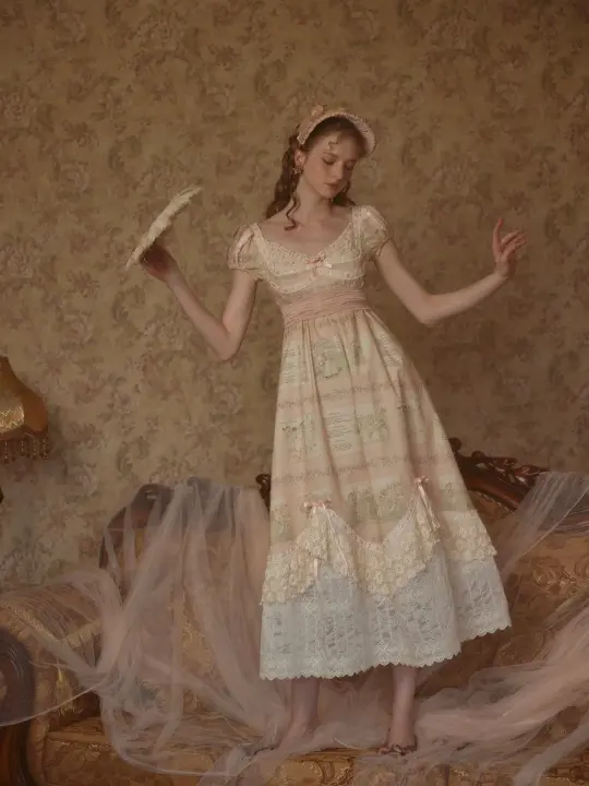French court style empire dress printed lace dress cotton homecoming dress R5116