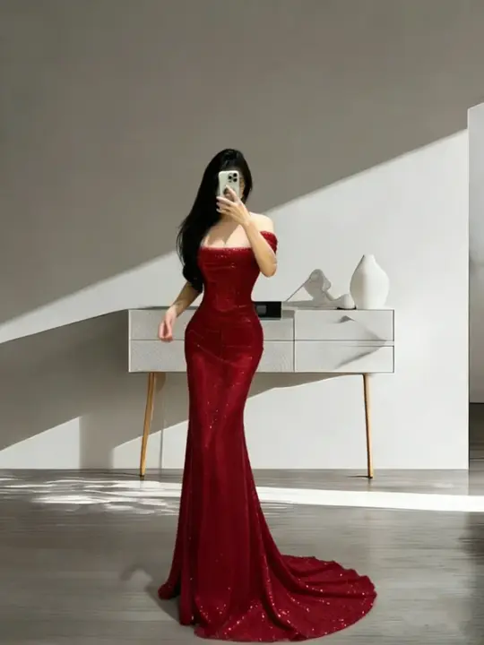 Red off-the-shoulder fitted waist slim-fitting long sexy ball gown R8048