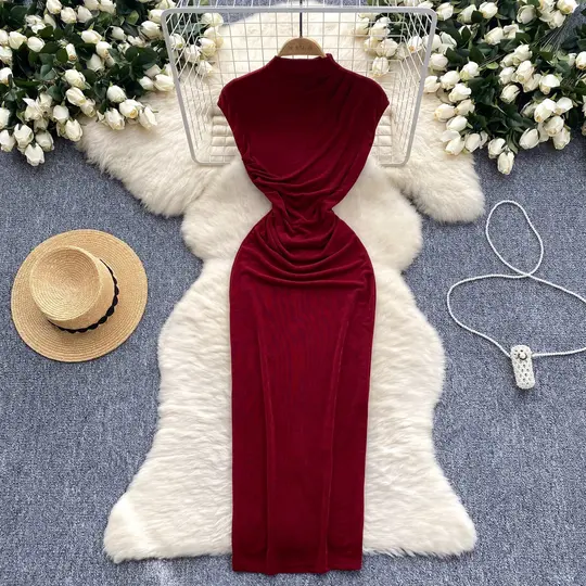 High-cold dress, temperament, pleated waist, slimming, medium-length, hip-wrapped long skirt R2279