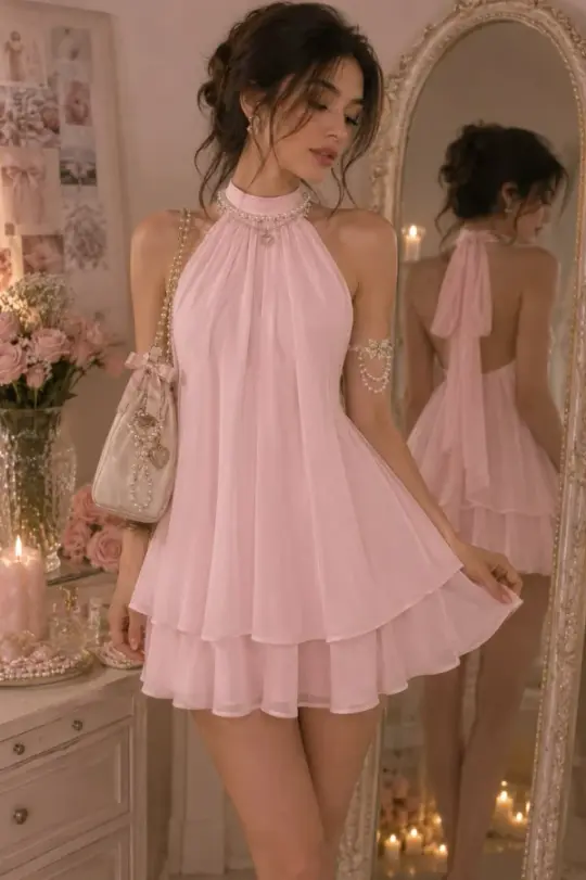 Flowy Chiffon Corset Homecoming Dress , Gentle Pink Mini Summer Dress RS1968