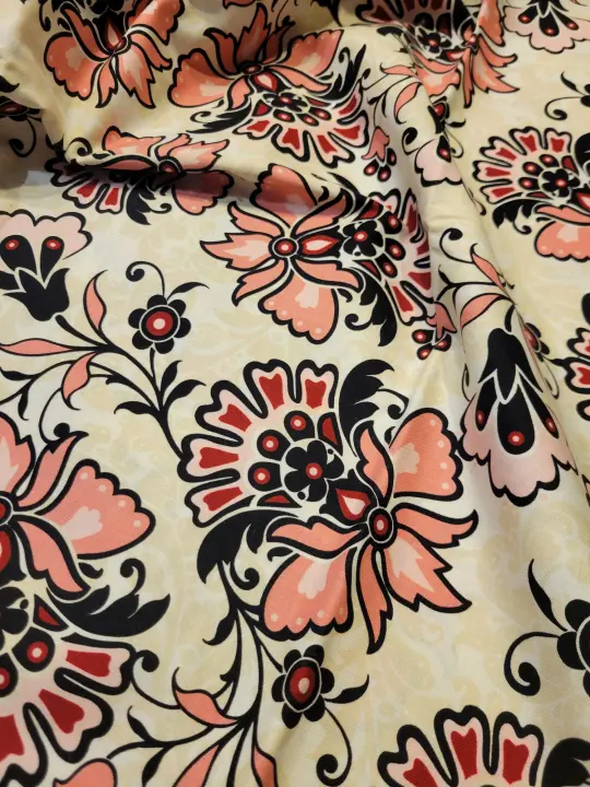 Damask Cream, Peach and Wine Polished Cotton Fabric- Remnant Piece 1 Yard