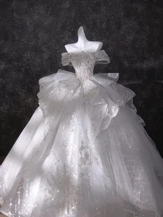 White one-shoulder diamond slim waist puffy skirt dress bridal gown R5832