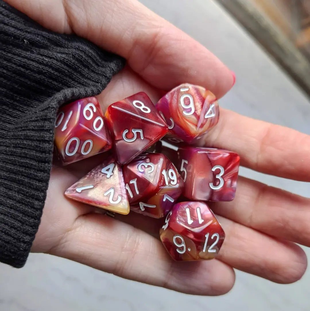 Red Purple Gold Dice Set – 7-Piece Three Tone Marbled DnD Dice
