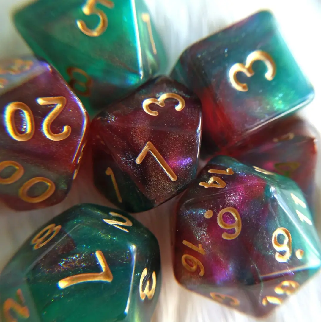 DnD Dice Set, Elf's Dream, 7-Piece Red and Green Micro Shimmer