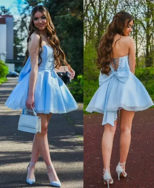 Sweet Pale Blue A-Line Strapless Large Bow Back Accessory Bodycon Mini Dress Homecoming Dress RS225