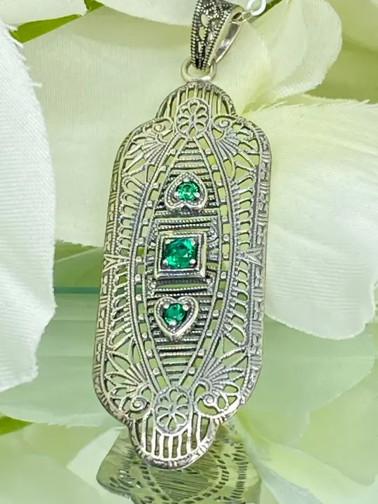 Natural Emerald Angel Wing Pendant Necklace, Vintage Revival Jewelry #P359 - Ready to Ship