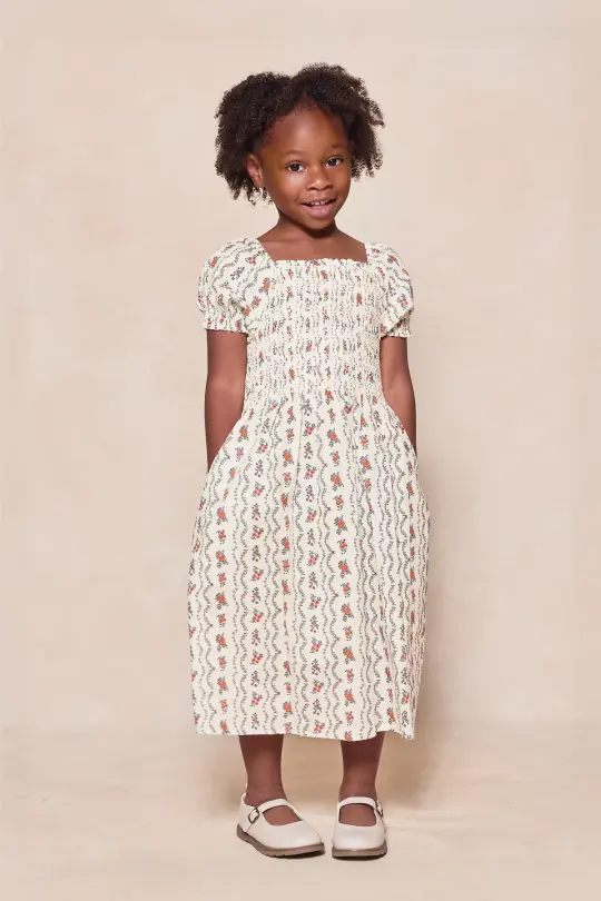 Mini Sunday Best Dress in Linear Poppy Woodblock