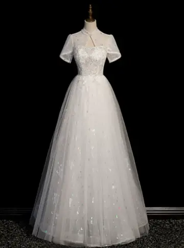 Dreamy White Prom Gown , Tulle Sequins Embroidery Corset Maxi Evening Dress RS1399