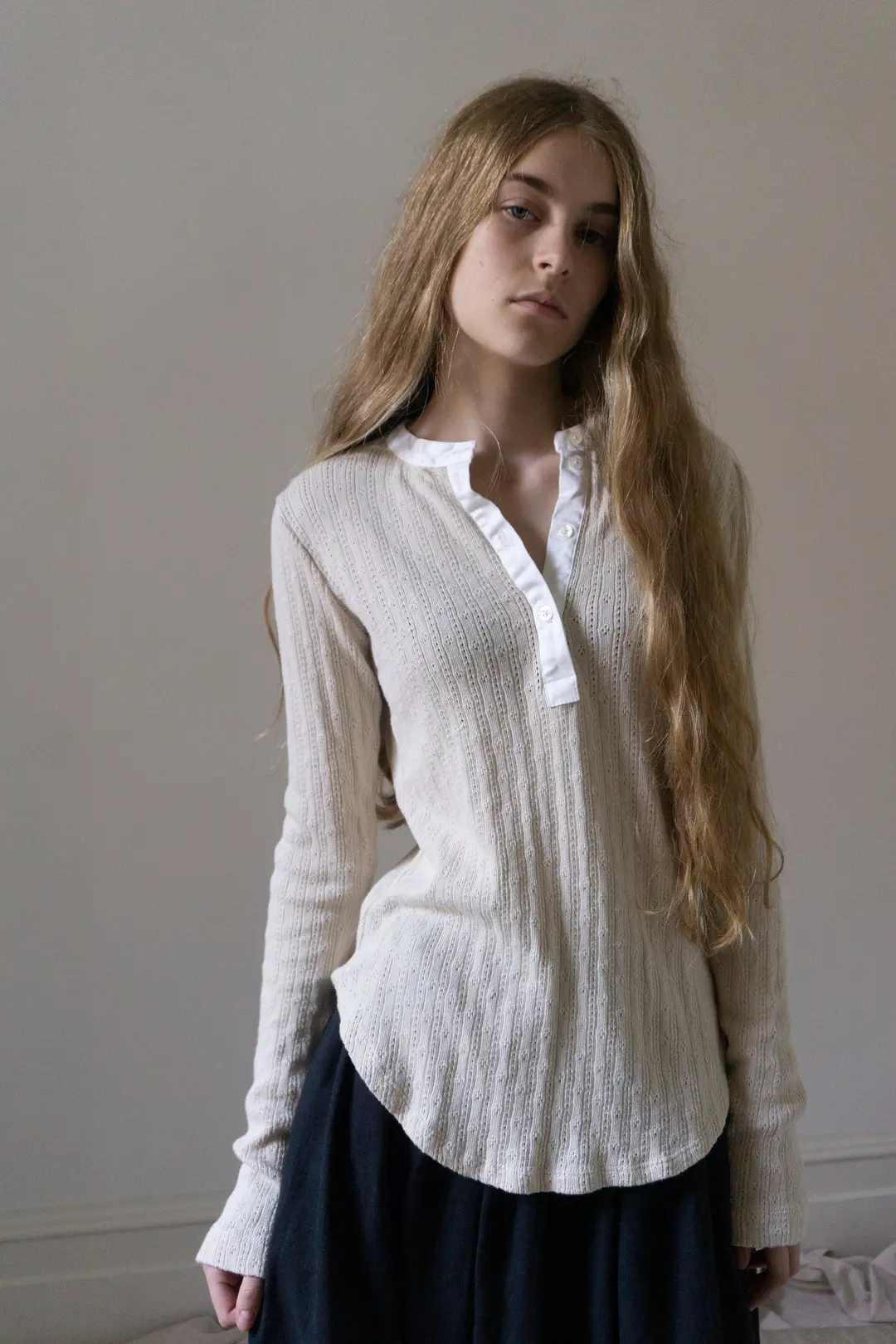 Pointelle Henley Long Sleeve Top - Cream