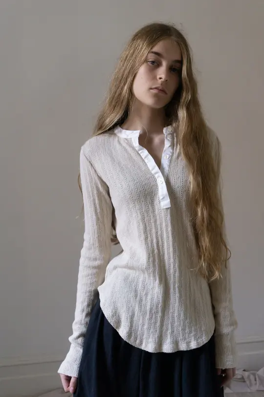 Pointelle Henley Long Sleeve Top - Cream