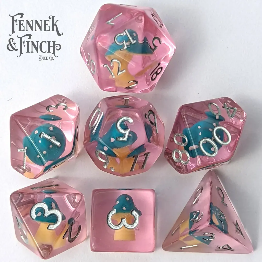 Magic Mushroom Dice Set – 7-Piece Blue Amanita Clear Purple DnD Dice
