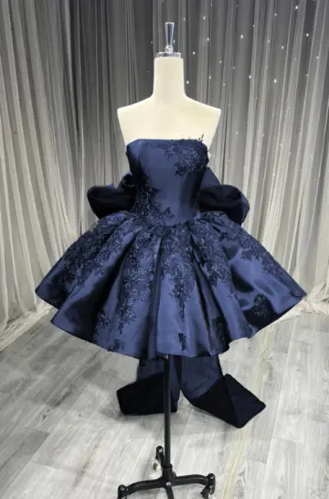 Retro Navy A-Line Strapless Embroidery Bodycon Mini Birthday Dress Homecoming Dress RS365