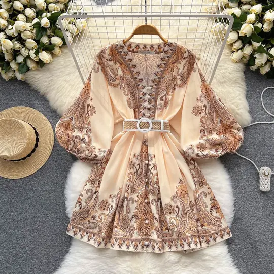 New French retro holiday style V-neck lantern sleeve waisted medium-length printed petite dress R2242