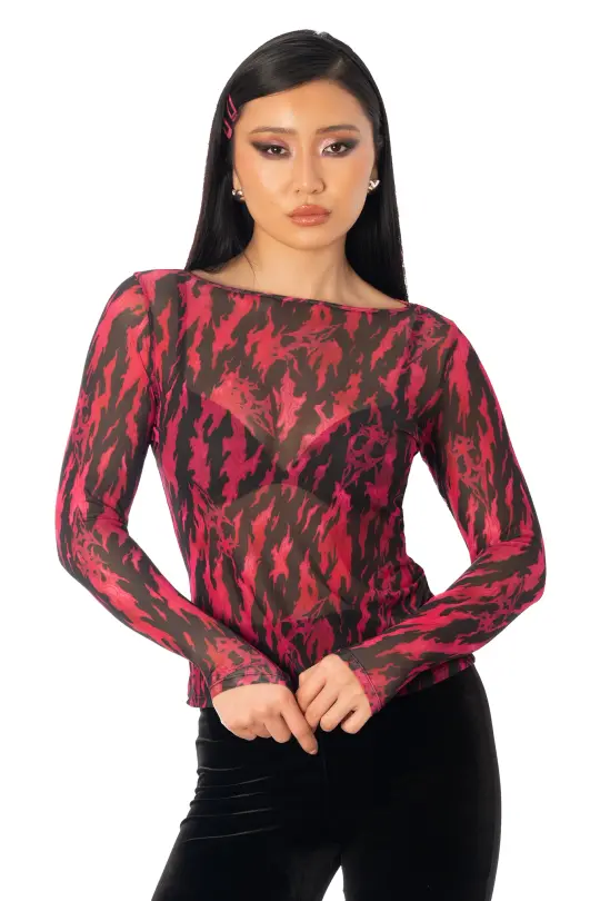 FIRED UP Sheer Boat Neck Long Sleeve Top