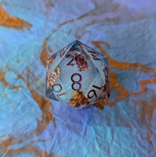 Crimson Copper Liquid Core D20 – 1.5" Periwinkle Copper Foil Burgundy Font