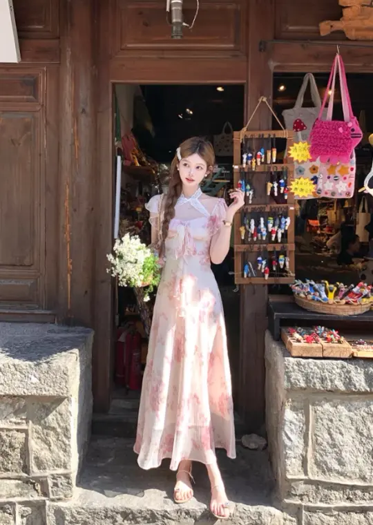 Long printed halter neck dress for women summer French style skirt R4831