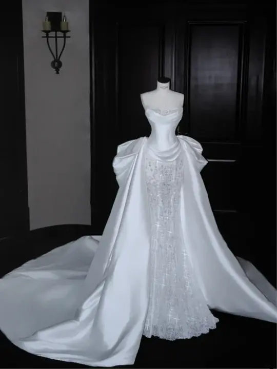 White satin tube top waist hip skirt, prom dress R5626