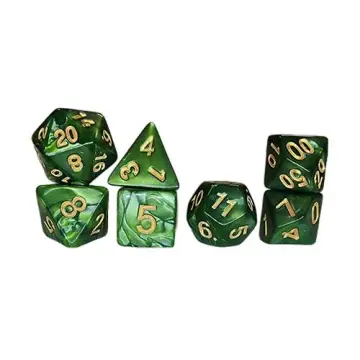 A seven-piece set of polyhedral roleplaying dice arranged in small stacks against a white background. The dice feature a marbled green finish, with the numbers painted in contrasting gold.