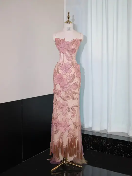 Pink strapless fitted long ball gown, bridal dress R8968