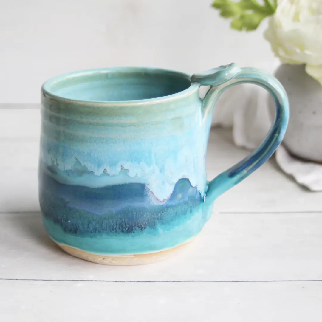 Waves of Ocean Blue Glazed Pottery Mug, 14 Ounce Coffee Cup USA