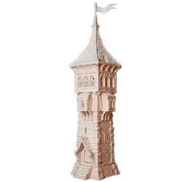 An unpainted, light beige 3D-printed tabletop miniature of a tall medieval fantasy guard tower. The structure features a tapered stone brick base with a small covered doorway reached by a short flight of steps. The middle section includes small overhanging window extensions supported by corbels, leading up to a wider, enclosed observation deck with arched lattice windows. The tower is capped with a steep, textured roof topped with a spire and a fluttering flag. Isolated on a white background.