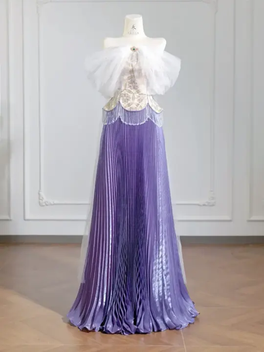 Purple floral strapless cinched waist long ball gown with pleated skirt R8249