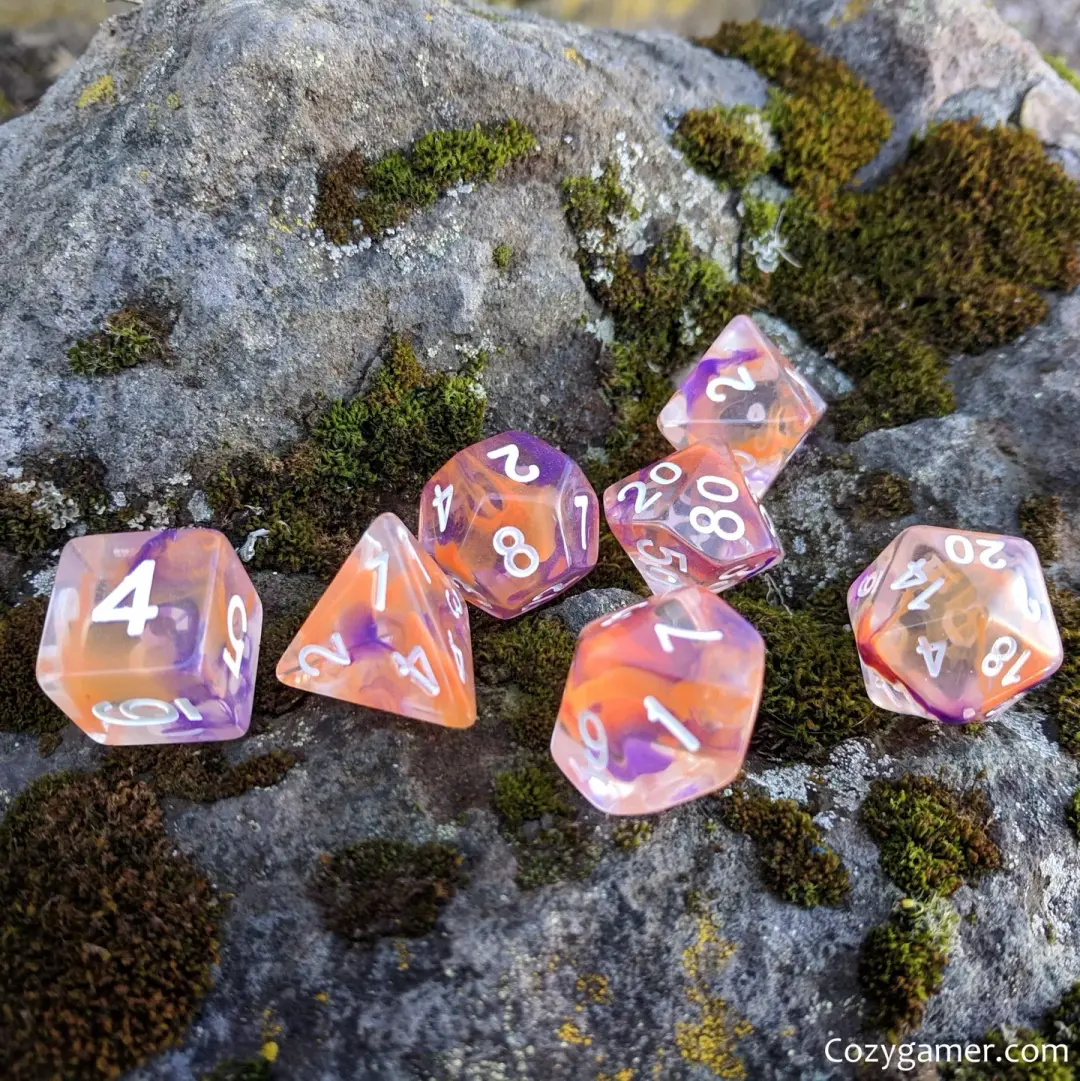 Purple Octopus Dice Set – 7-Piece Translucent Purple Orange Ink Swirls DnD