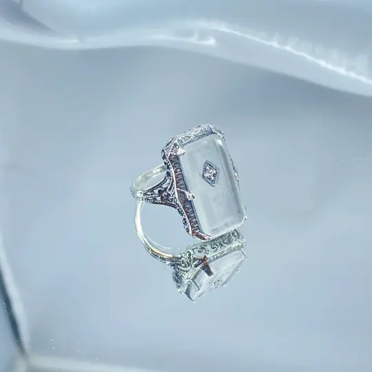 Frosted Camphor Glass Ring, Size 7, Diamond Inset, 1915 Vintage style, Edwardian Jewelry #D232 - Ready to Ship
