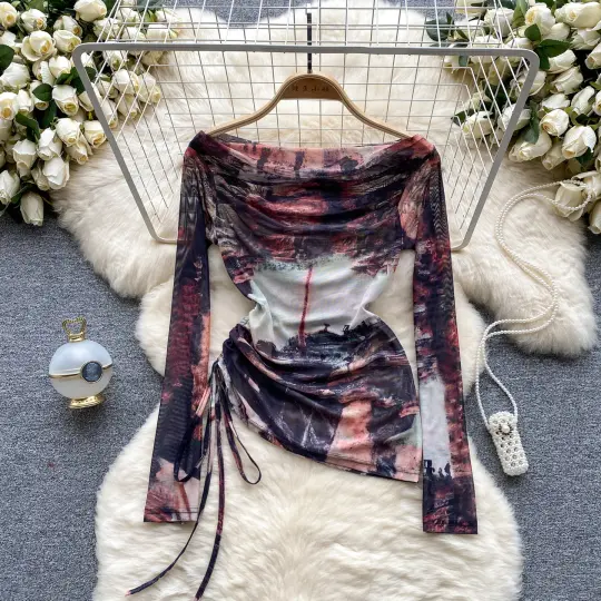European and American hot girl style tie-dyed one-shoulder drawstring pure desire niche chic top R2296