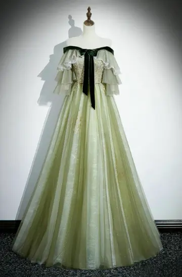 French Chic Bud Green A-Line Bateau Corset Maxi Evening Dress Prom Dress RS585