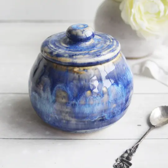 Handcrafted Pottery Sugar Bowl in Starry Night Blue Glaze, Made in USA