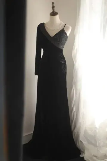 Black asymmetrical neckline, fitted waist, long ball gown R6774