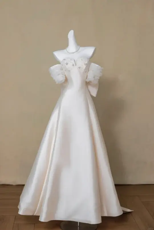 Stunnning Satin Applique Prom Gown White Women's Maxi Evening Dress Birthday Dress RS2776