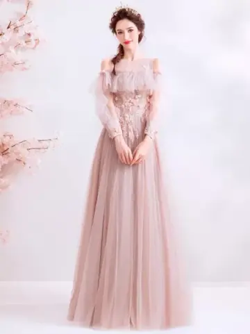 Tulle Flowy Applique Prom Gown ,Gentle Pink Maxi Evening Dress Birthday Dress RS2029