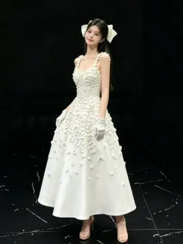 Satin Floral Decor Corset Prom Gown ,Gentle White Maxi Evening Dress Birthday Dress RS1937