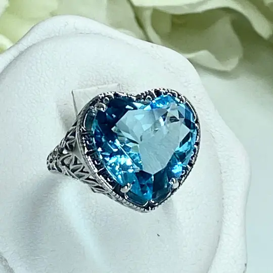 Aquamarine Ring, Heart Gem, Size 8, Victorian Filigree Jewelry #D59 - Ready to Ship