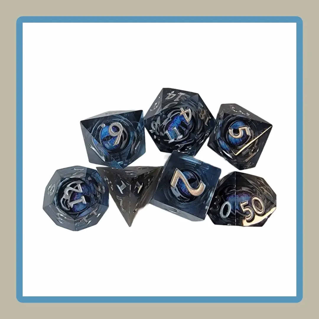 sharp edge rpg dice set in black tint with blue eyes inside