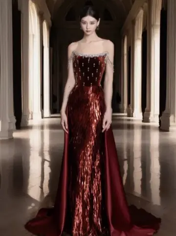 Sequins Glitter Burgundy Corset Prom Gown , Sparkly Women's Maxi Evening Dress RS2282