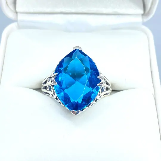 Swiss Blue Topaz Ring, Size 7, Marquise Cut Art Deco Jewelry, D53 - Ready to Ship