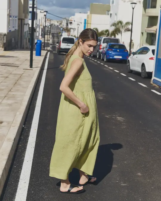 customized: NAPA long linen dress (Color: Avocado Checks; Size: XS - MAXI length)